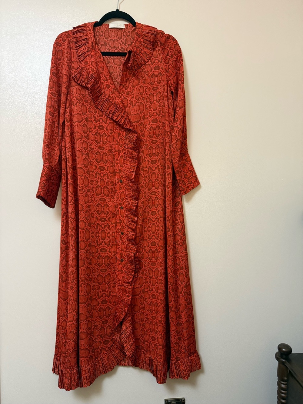 Mango Premium Ruffle-Trim animal printed Red/coral  Midi Dress